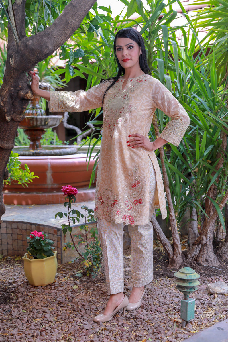 Pale Pink Cotton Brocade Salwar Kameez Suit- Trendz & Traditionz Boutique 