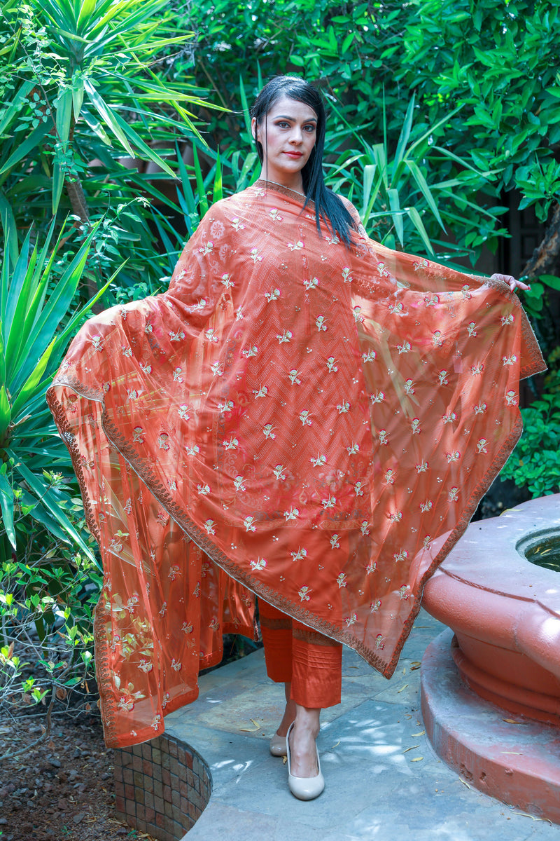 Orange Mysouri Cotton Net Suit - Salwar Kameez by Chaadi - Trendz & Traditionz Boutique 