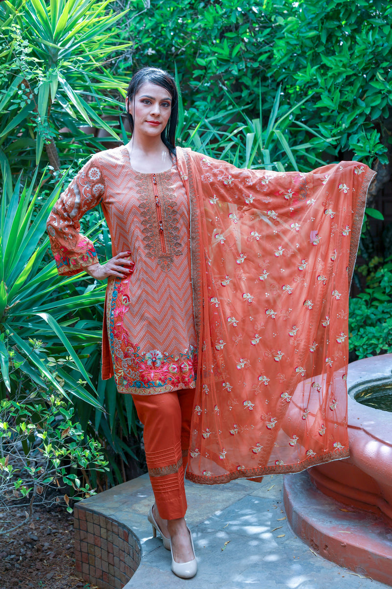Orange Mysouri Cotton Net Suit - Salwar Kameez by Chaadi - Trendz & Traditionz Boutique 