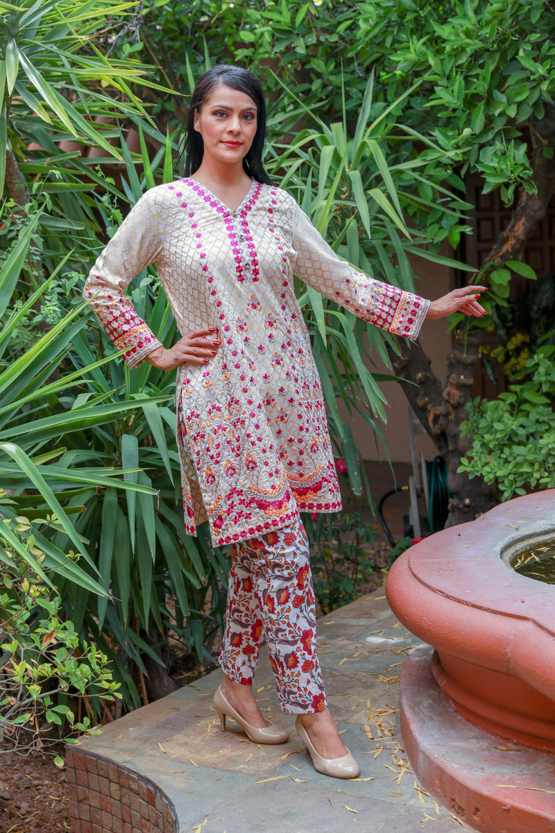 Tan Cotton Suit Salwar Kameez by Mina Hasan - Trendz & Traditionz Boutique 