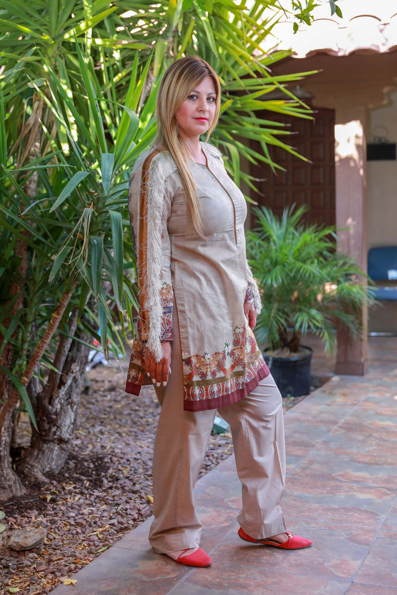 Beige Silk Salwar Kameez Suit with Fringe - Trendz & Traditionz Boutique 