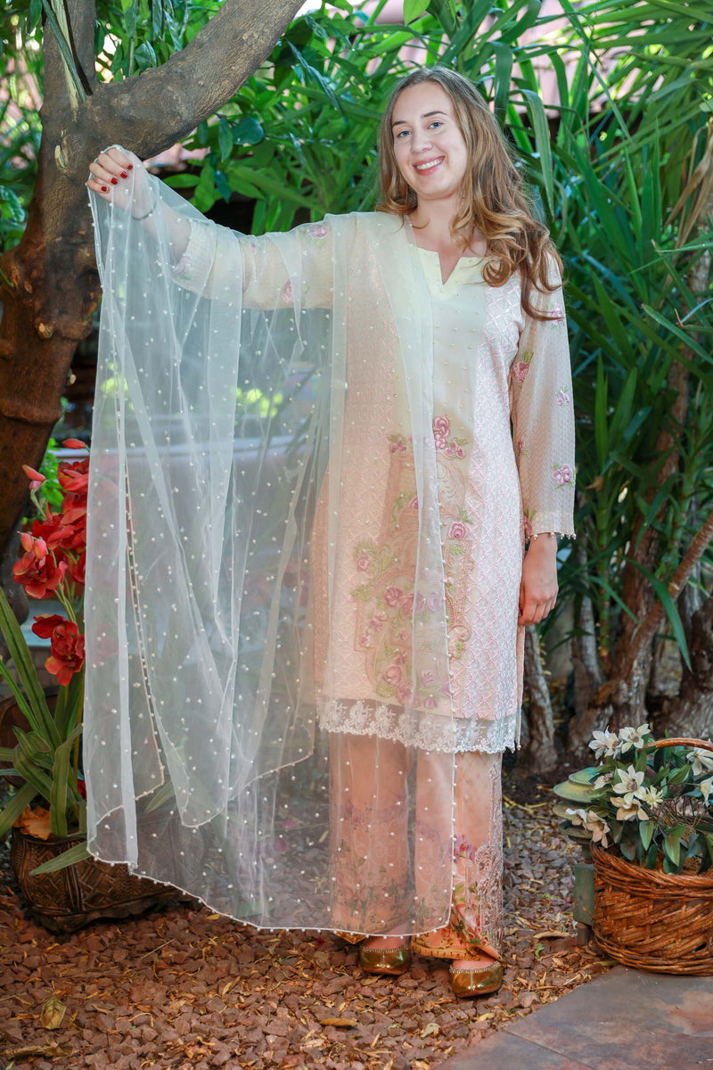 Silk Designer Suit with Net Scarf - Trendz & Traditionz Boutique