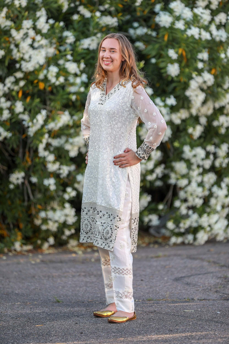White Chiffon Suit Salwar Kameez by Mina Hasan - Trendz & Traditionz Boutique 