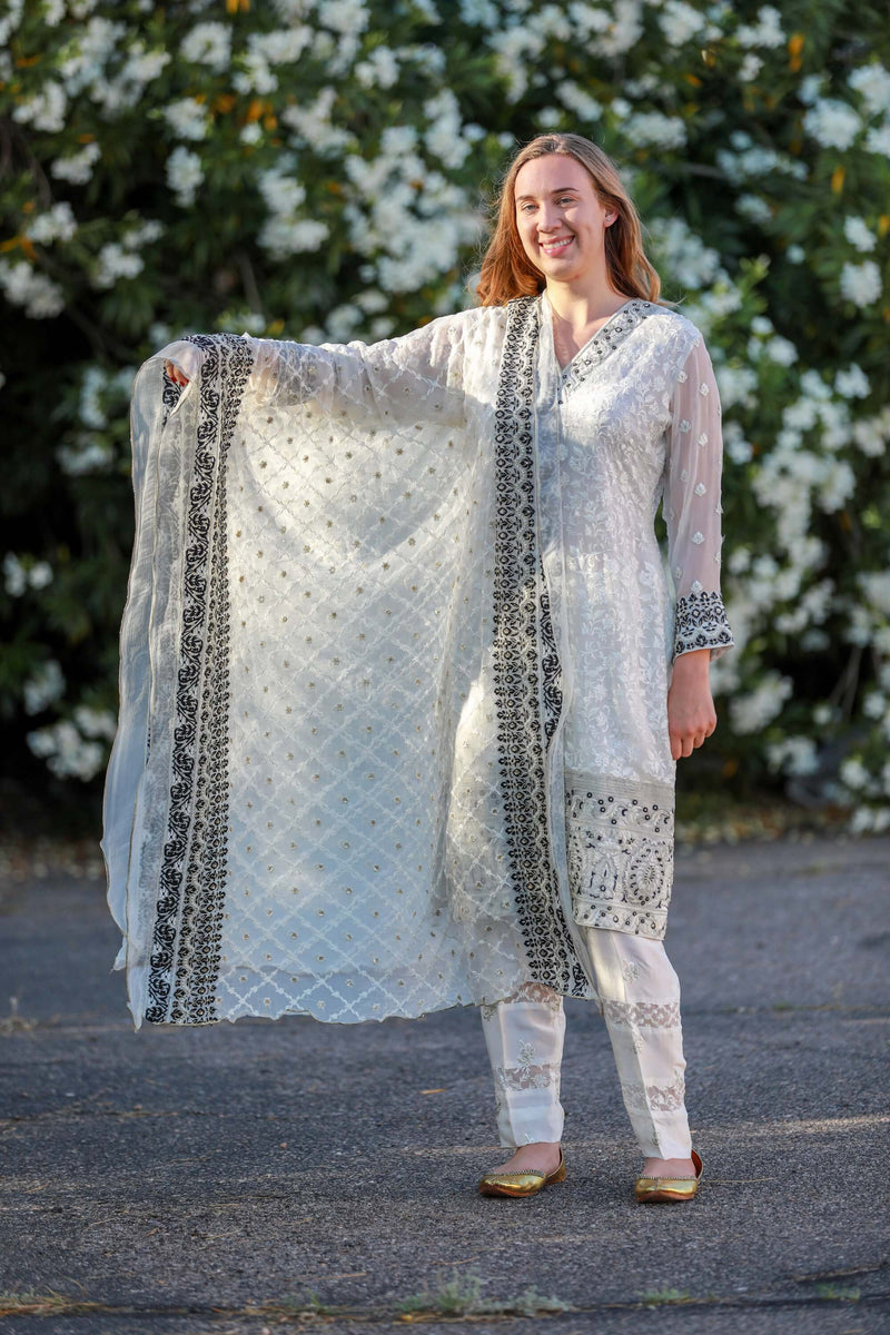 White Chiffon Suit Salwar Kameez by Mina Hasan - Trendz & Traditionz Boutique 
