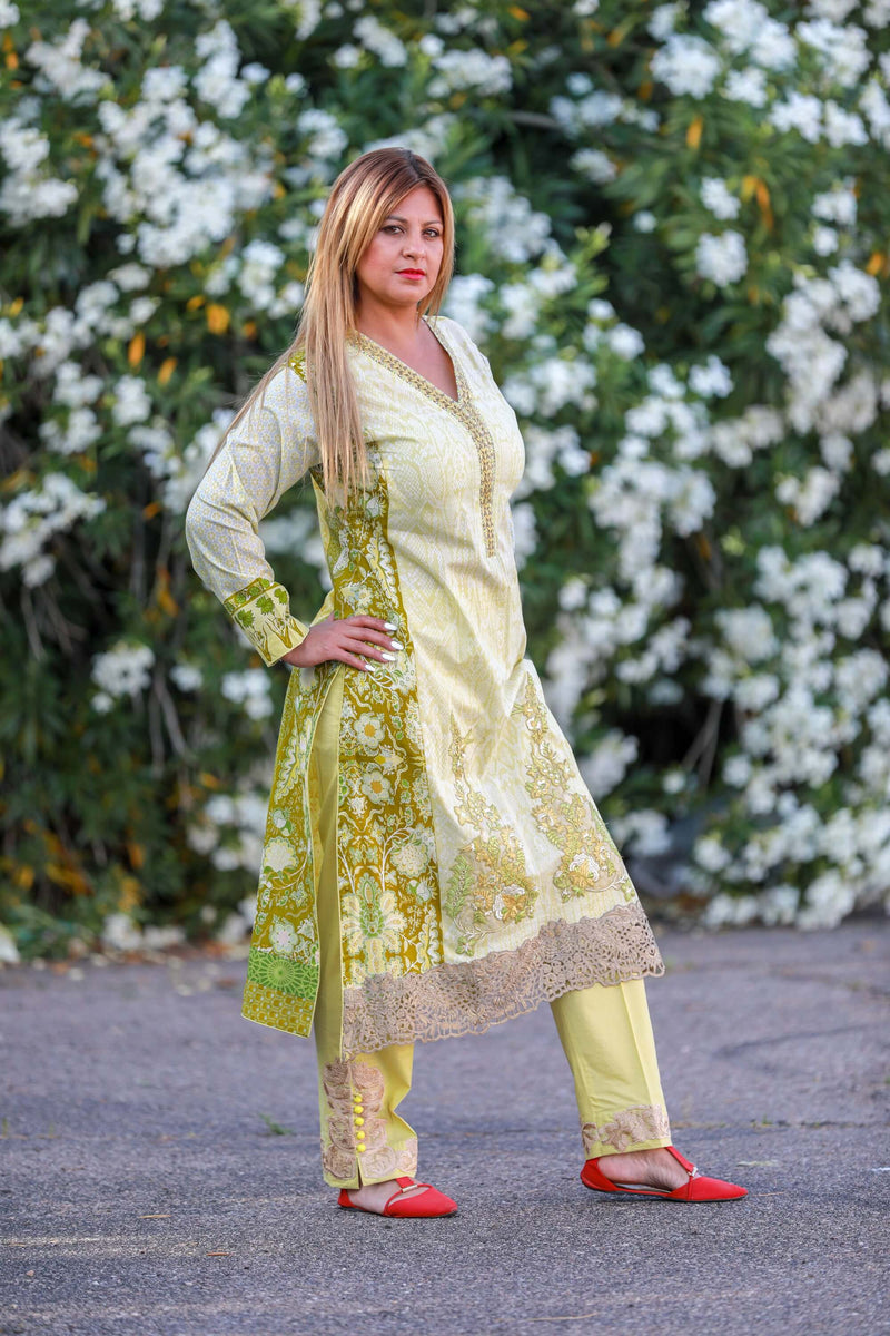 Green Cotton Suit-Salwar Kameez by Designer Sobia Nazir - Trendz & Traditionz Boutique 