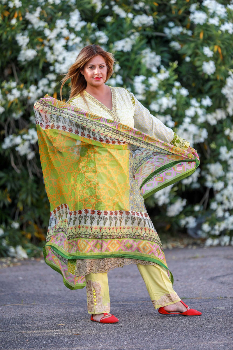 Green Cotton Suit-Salwar Kameez by Designer Sobia Nazir - Trendz & Traditionz Boutique 