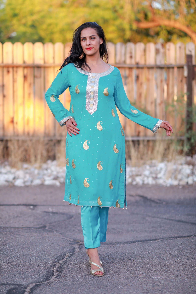 Steel Blue Kurta & Kota Doria Duppata Set | Party wear indian dresses,  Cotton kurti designs, Clothes for women