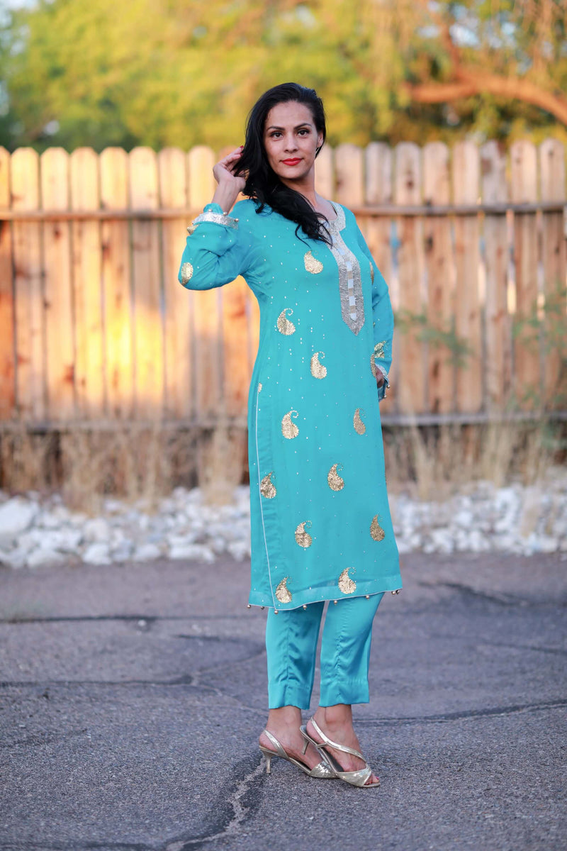 Blue Chiffon Suit - Salwar Kameez with Hand Embroidery - Trendz & Traditionz Boutique 