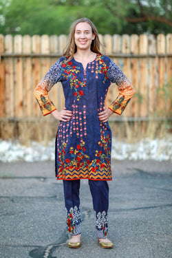 Navy Multicolored Mina Hasan Designer Lawn-Cotton- Trendz & Traditionz Boutique 