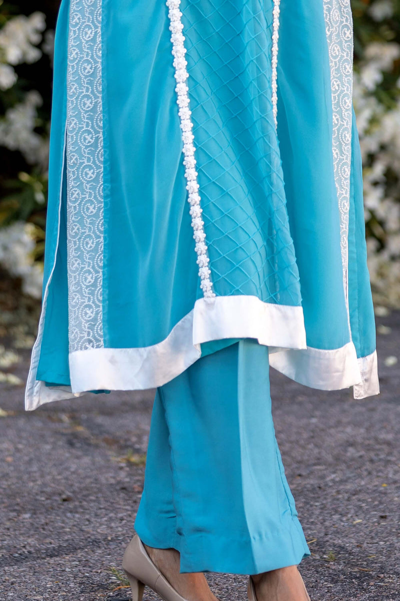 Aqua Blue Chiffon Suit With Silky Pants - Trendz & Traditionz Boutique 