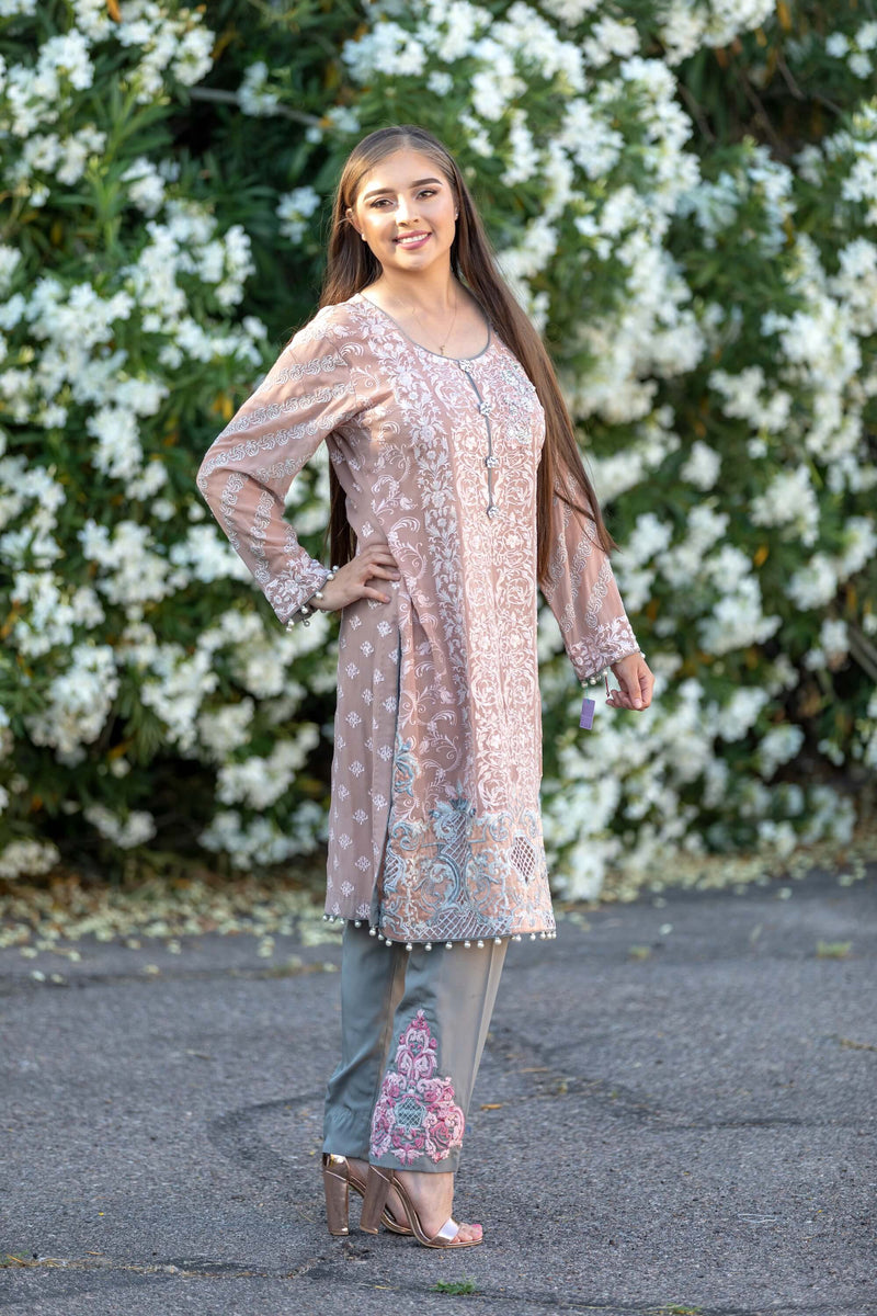 Pinkish Chiffon Embroidered Shirt With Silk Pants - Trendz & Traditionz Boutique 