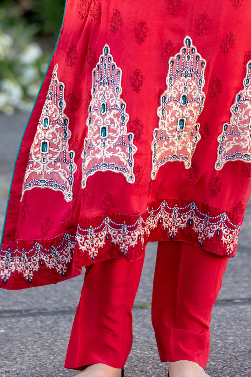 Red Chiffon Maria B. Suit- Trendz & Traditionz Boutique