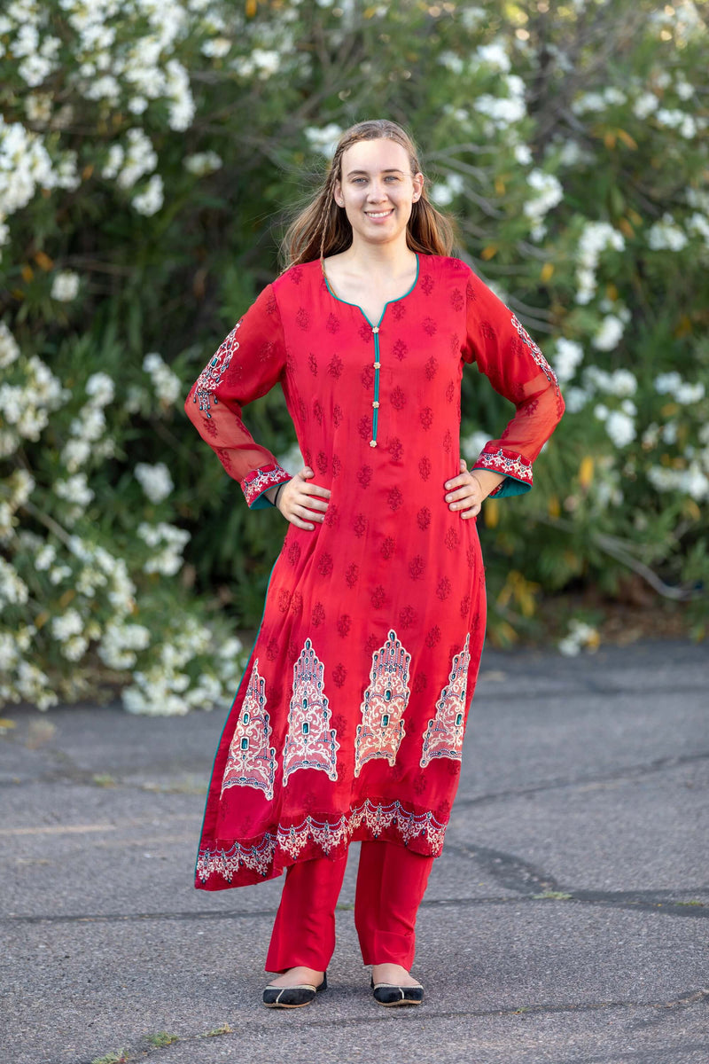 Red Chiffon Maria B. Suit- Trendz & Traditionz Boutique