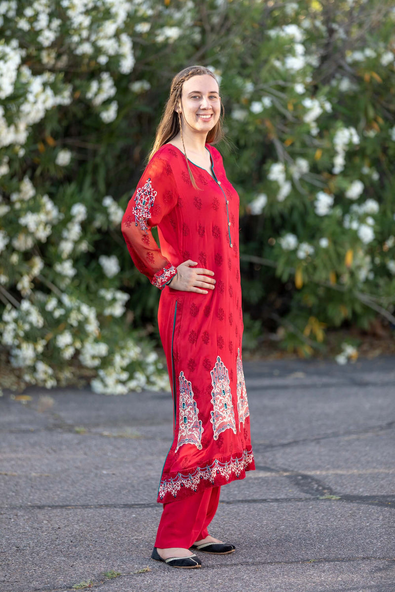 Red Chiffon Maria B. Suit- Trendz & Traditionz Boutique