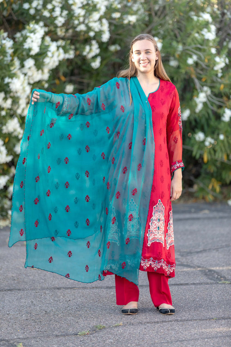 Red Chiffon Maria B. Suit- Trendz & Traditionz Boutique