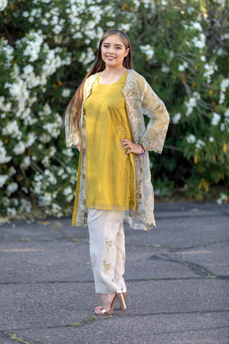 Designer Suit Mustard Yellow Silk Embroidery Organza Shirt - Trendz & Traditionz Boutique 