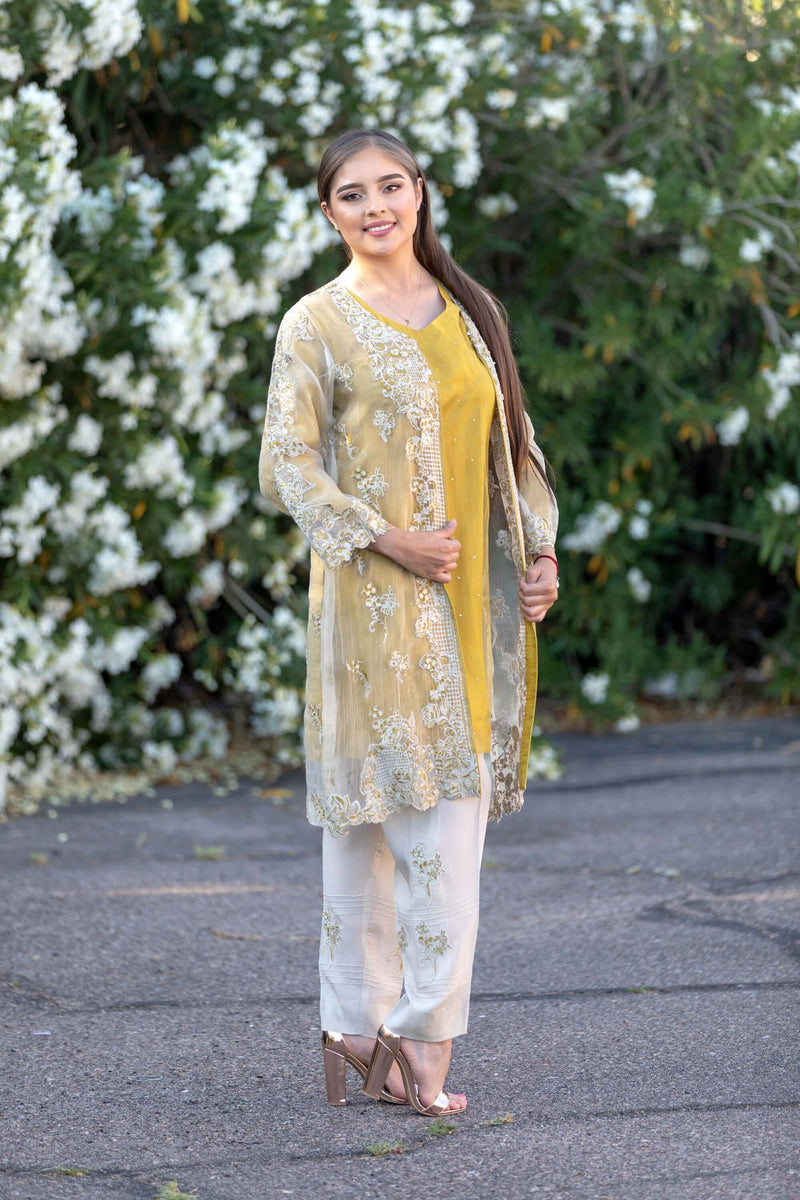 Designer Suit Mustard Yellow Silk Embroidery Organza Shirt - Trendz & Traditionz Boutique 
