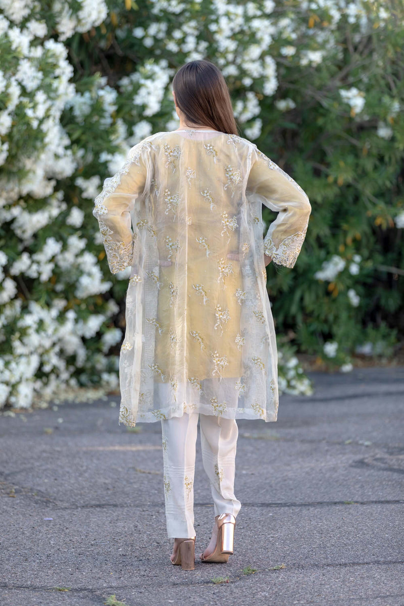 Designer Suit Mustard Yellow Silk Embroidery Organza Shirt - Trendz & Traditionz Boutique 