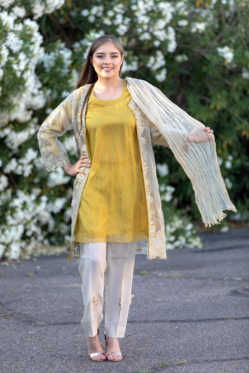 Designer Suit Mustard Yellow Silk Embroidery Organza Shirt - Trendz & Traditionz Boutique 