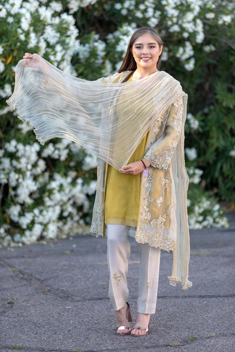 Designer Suit Mustard Yellow Silk Embroidery Organza Shirt - Trendz & Traditionz Boutique 