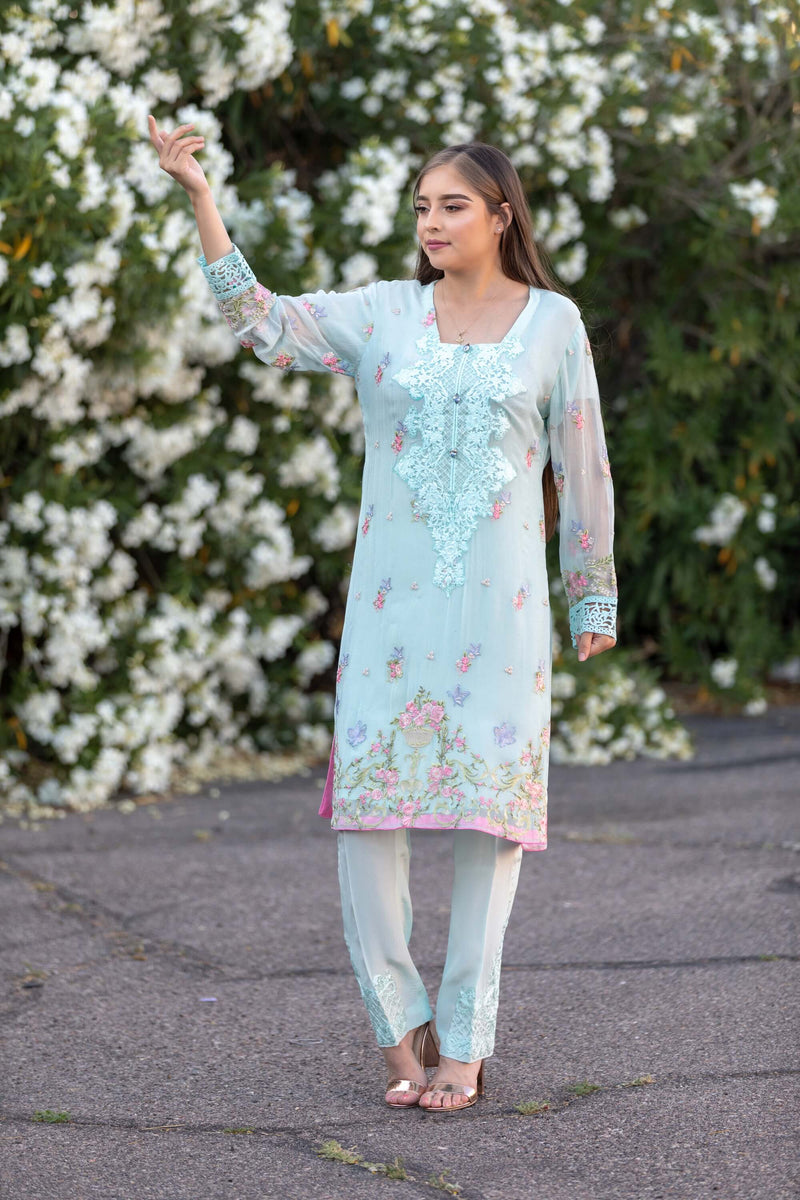 Teal Chiffon Salwar Kameez Suit With Floral Embroidery - Trendz & Traditionz Boutique 