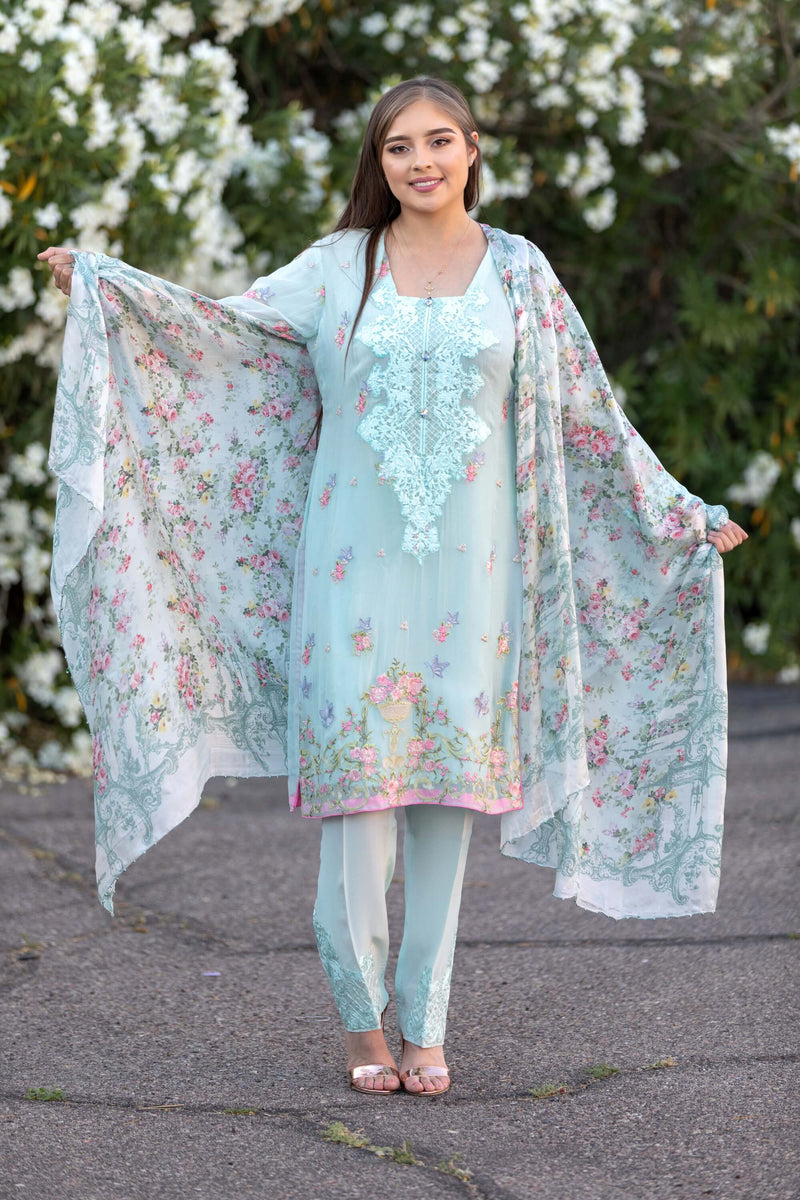 Teal Chiffon Salwar Kameez Suit With Floral Embroidery - Trendz & Traditionz Boutique 