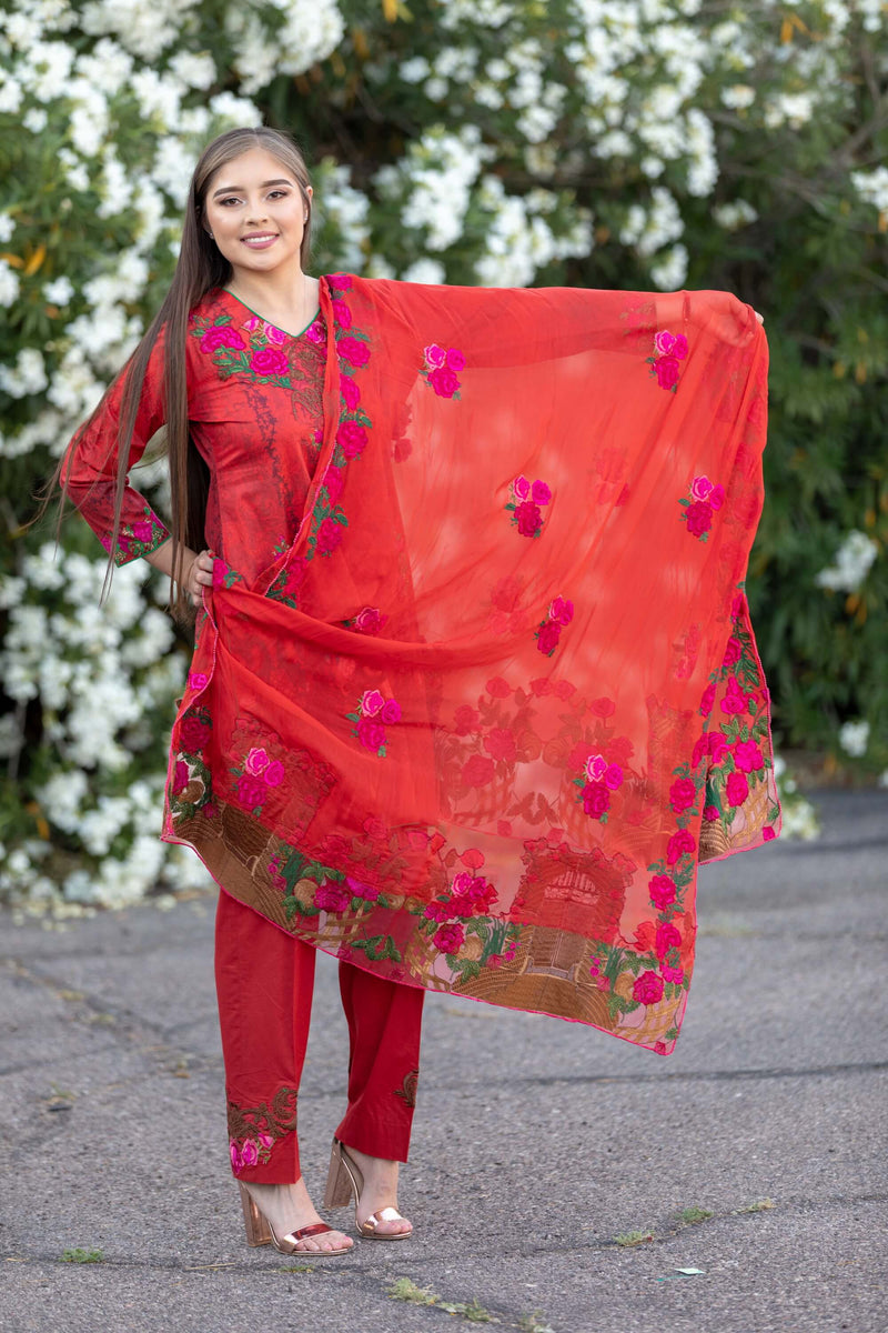 Red Chiffon Salwar Kameez Suit- Trendz & Traditionz Boutique