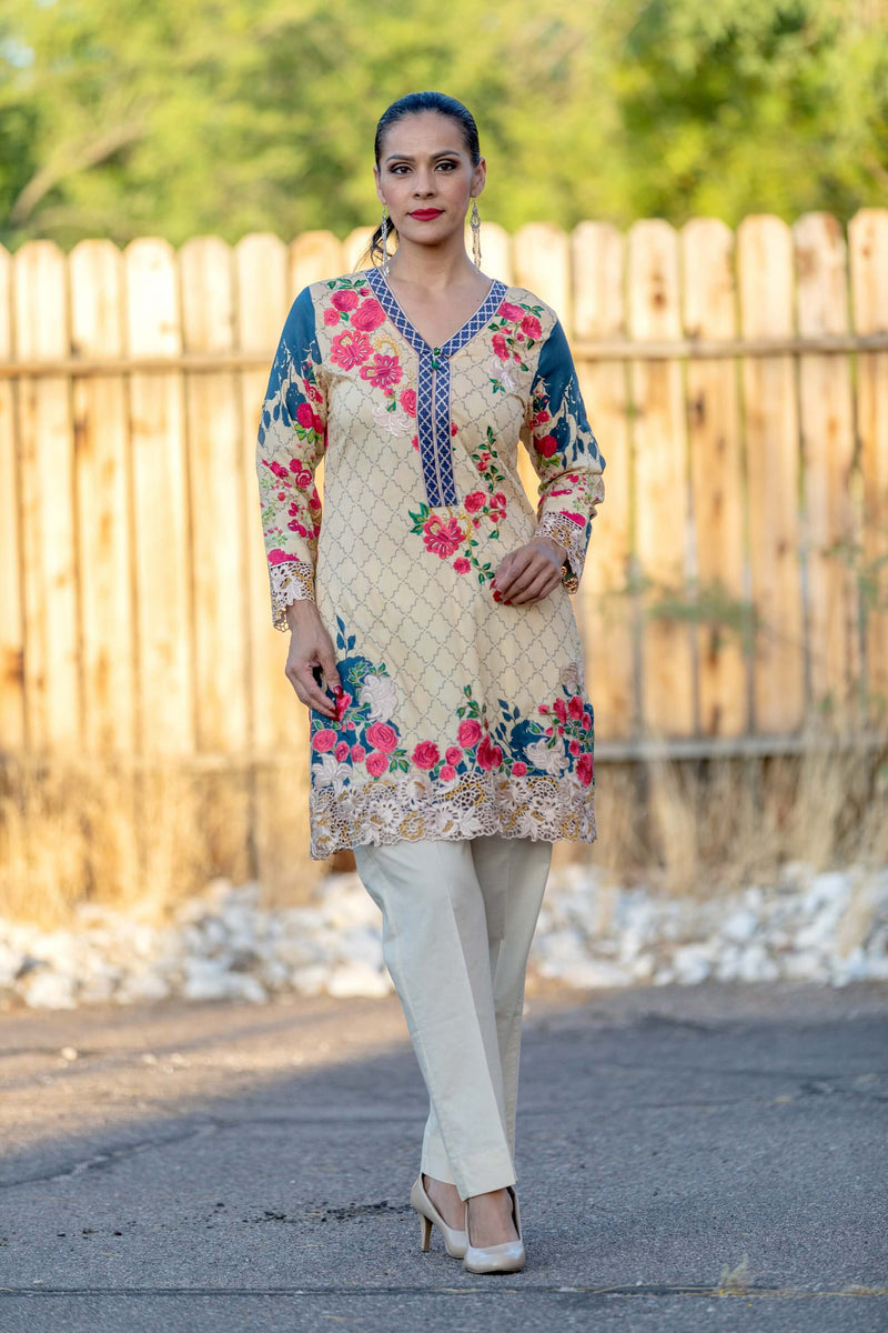 Floral Chiffon Suit With Beige Pants - Trendz & Traditionz Boutique
