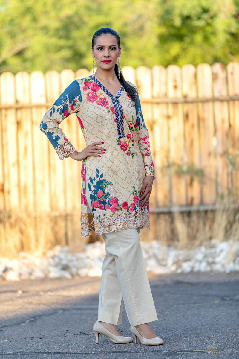 Floral Chiffon Suit With Beige Pants - Trendz & Traditionz Boutique