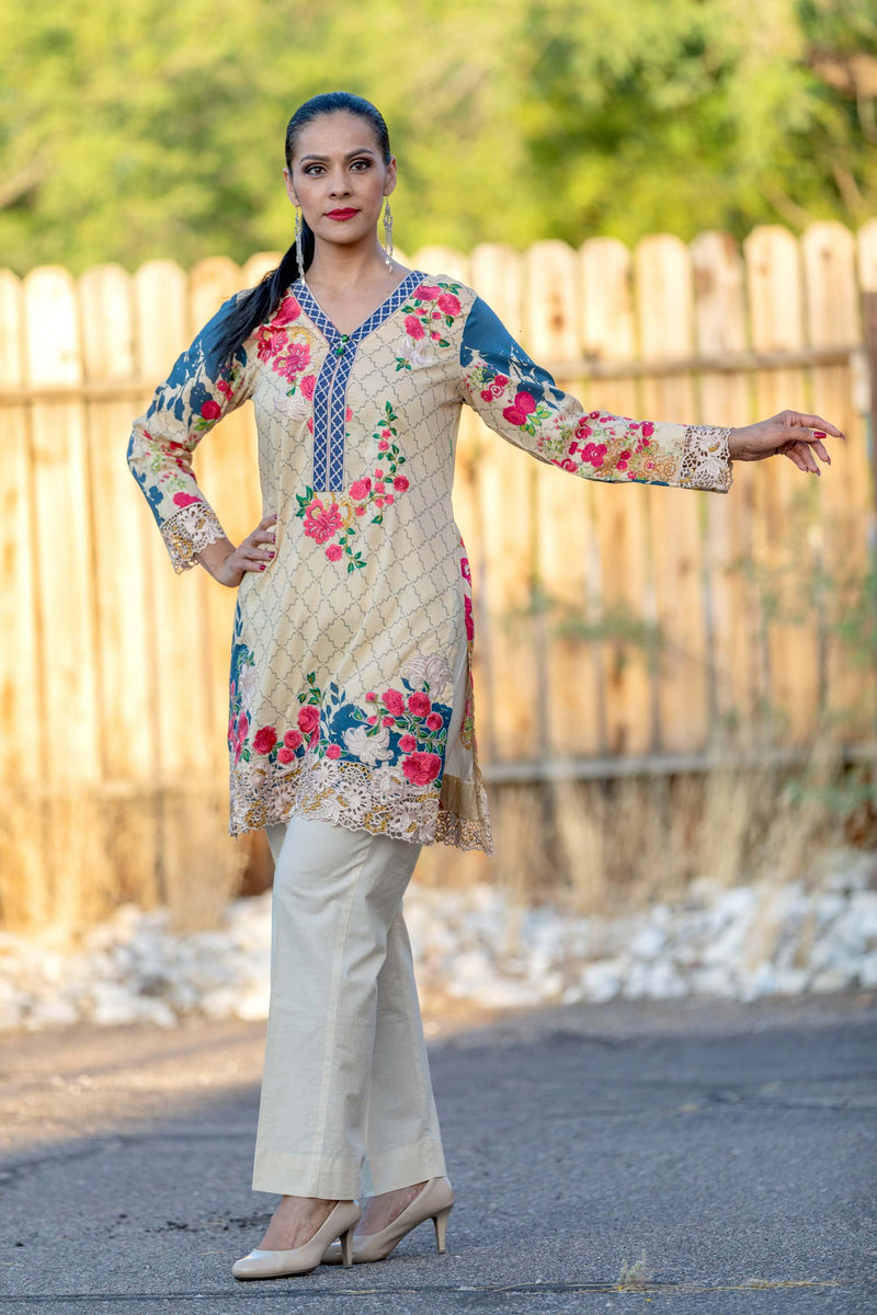 Floral Chiffon Suit With Beige Pants - Trendz & Traditionz Boutique