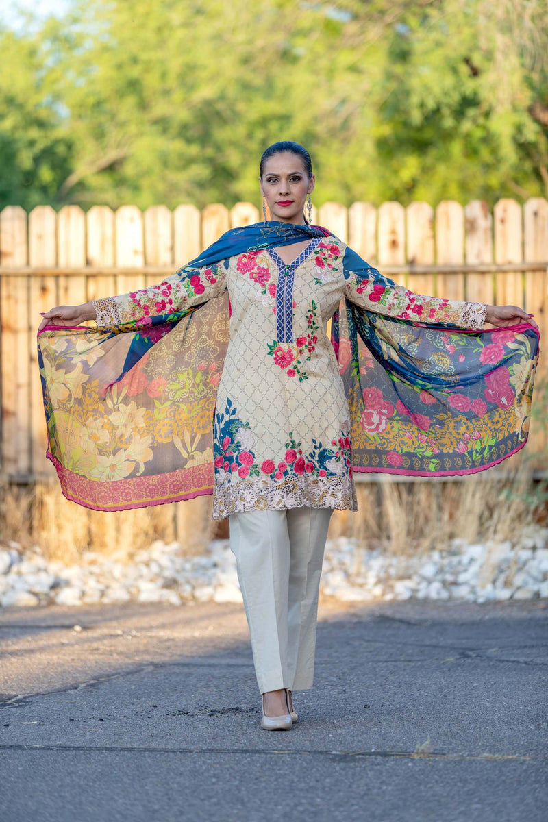 Floral Chiffon Suit With Beige Pants - Trendz & Traditionz Boutique
