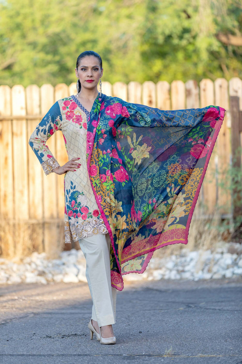 Floral Chiffon Suit With Beige Pants - Trendz & Traditionz Boutique