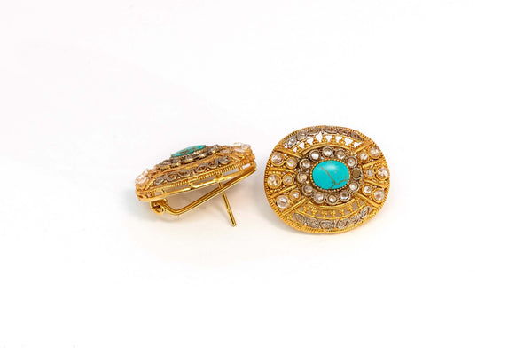 Gold Stud Earrings With Turquoises Stone - Trendz & Traditionz Boutique 