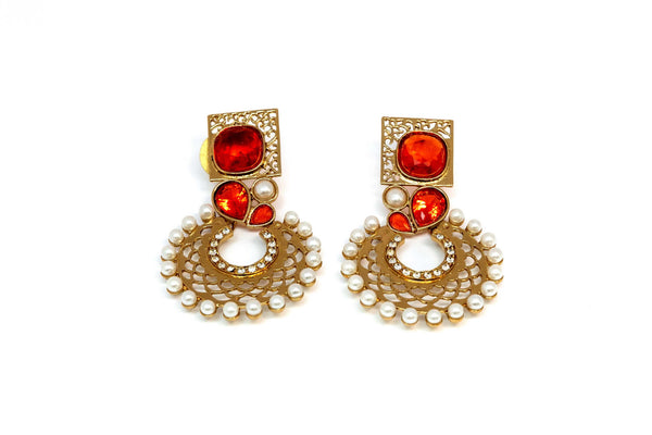 Gold Dangle Earrings With Red Stones - Trendz & Traditionz Boutique