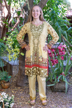 Mustard Multicolored Honey Waqar Designer Lawn-Cotton Salwar Kameez Suit- Trendz & Traditionz Boutique 