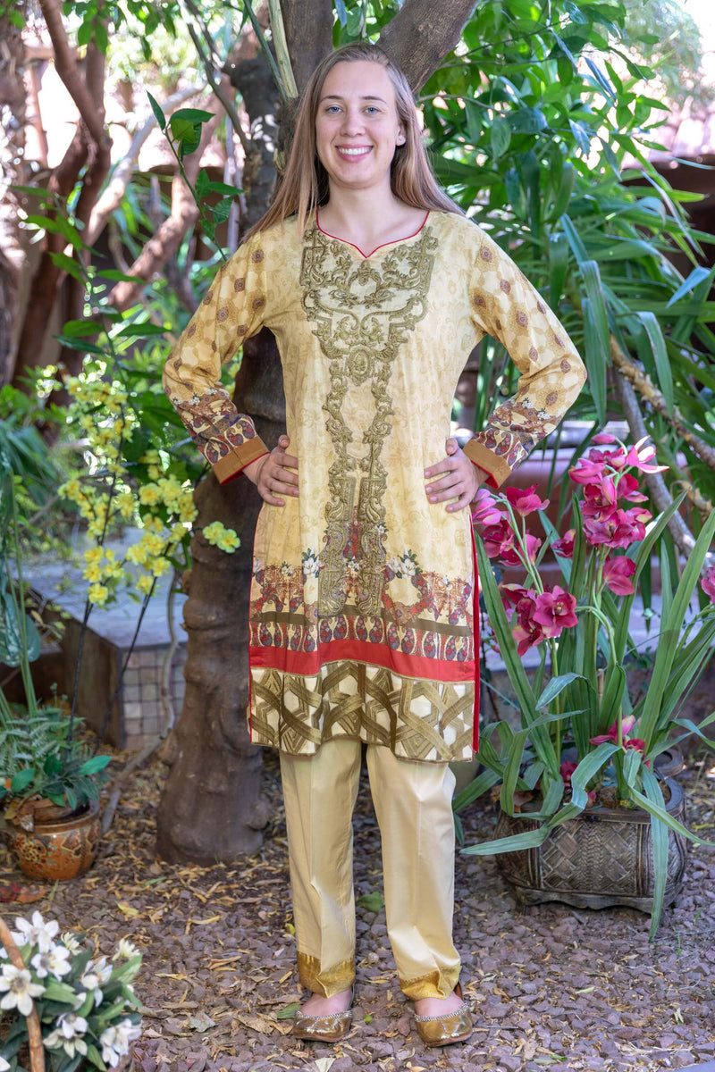 Mustard Multicolored Honey Waqar Designer Lawn-Cotton Salwar Kameez Suit- Trendz & Traditionz Boutique 