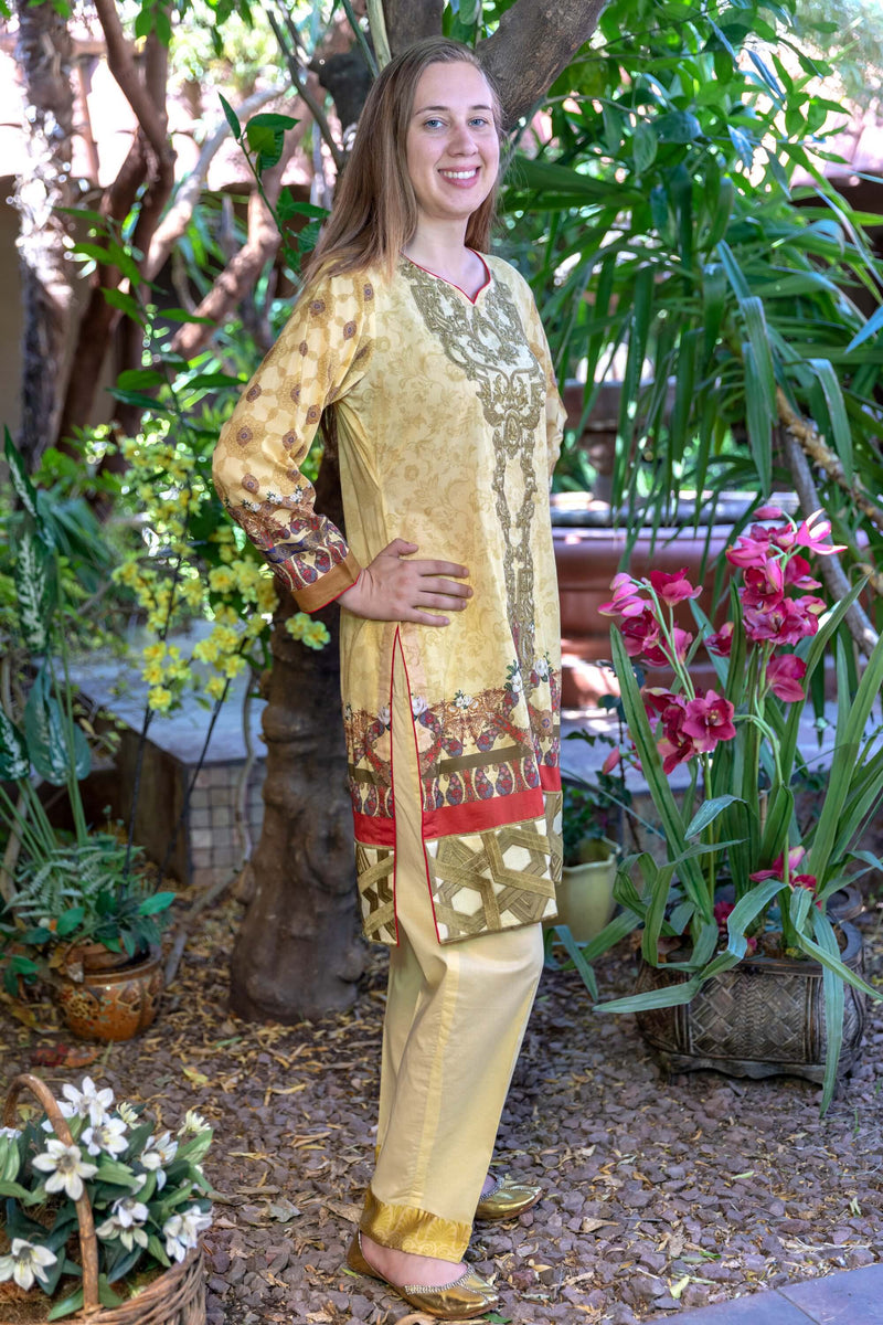 Mustard Multicolored Honey Waqar Designer Lawn-Cotton Salwar Kameez Suit- Trendz & Traditionz Boutique 