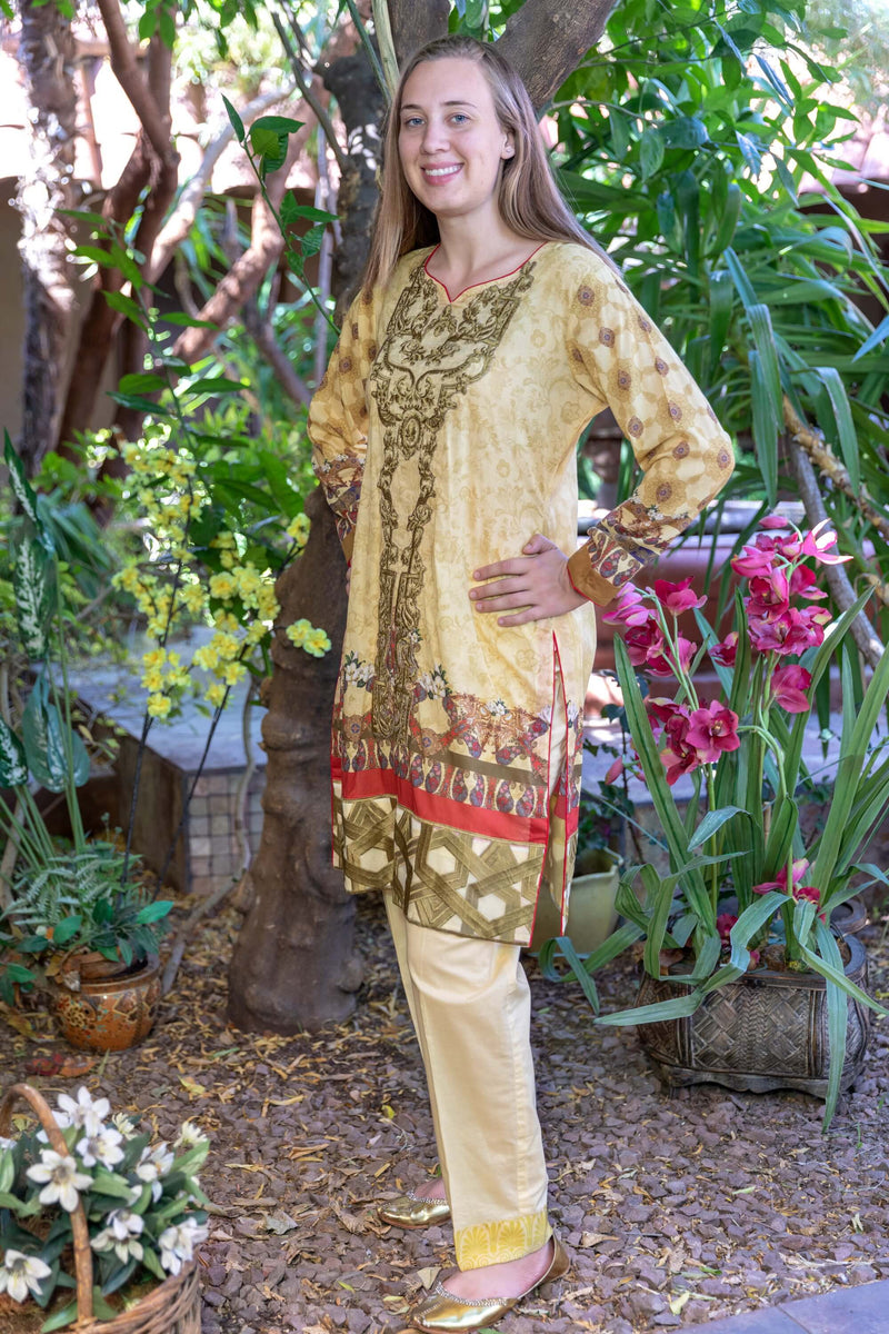 Mustard Multicolored Honey Waqar Designer Lawn-Cotton Salwar Kameez Suit- Trendz & Traditionz Boutique 