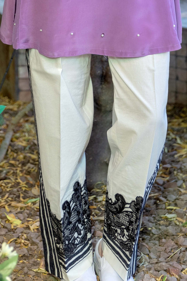 Mauve Silk Shirt with Pearls & Cotton Pants- Trendz & Traditionz Boutique 