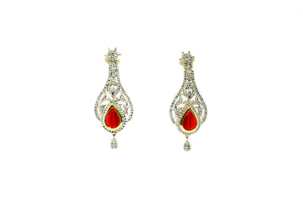 Silver Earrings - Diamante & Ruby Red Stones - South Asian Jewelry