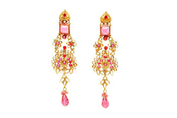 Gold & Pink Chandelier Earrings - South Asian Statement Earrings