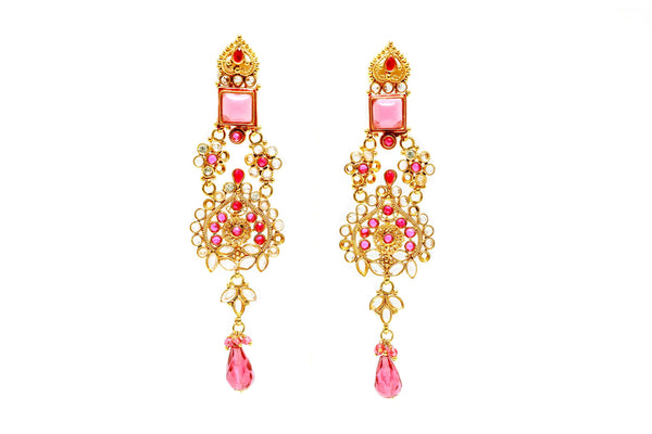 Gold & Pink Chandelier Earrings - South Asian Statement Earrings