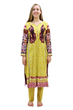 Yellow & Maroon Cotton Salwar Kameez - Suit - South Asian Fashion