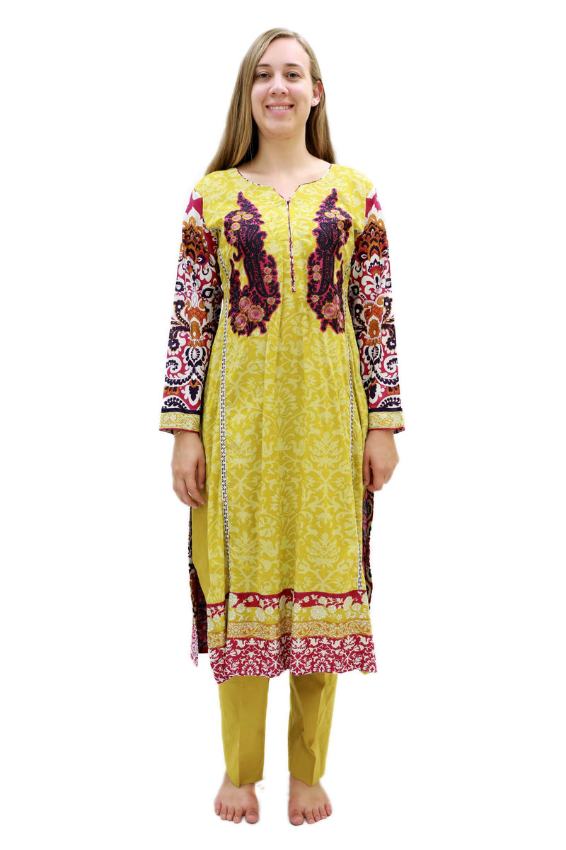 Yellow & Maroon Cotton Salwar Kameez - Suit - South Asian Fashion
