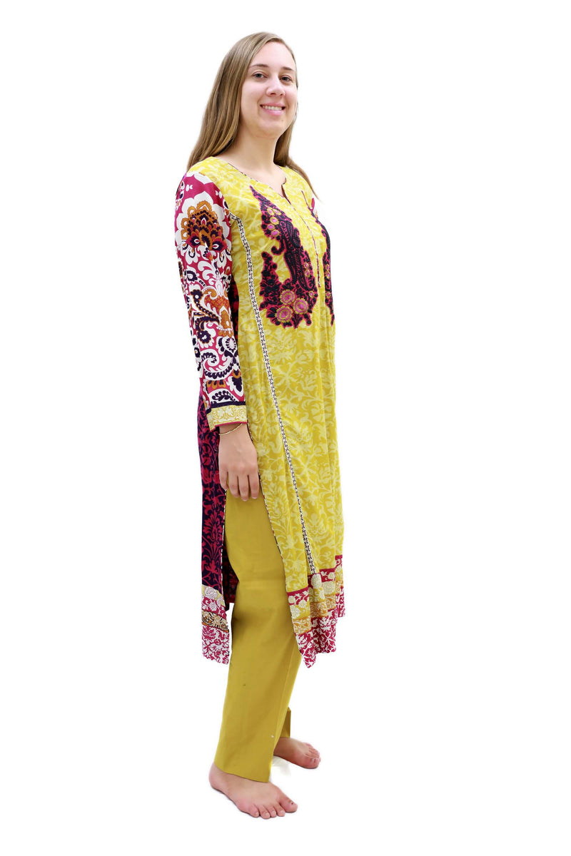 Yellow & Maroon Cotton Salwar Kameez - Suit - South Asian Fashion