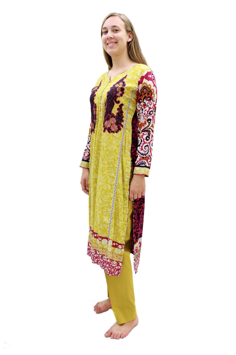 Yellow & Maroon Cotton Salwar Kameez - Suit - South Asian Fashion