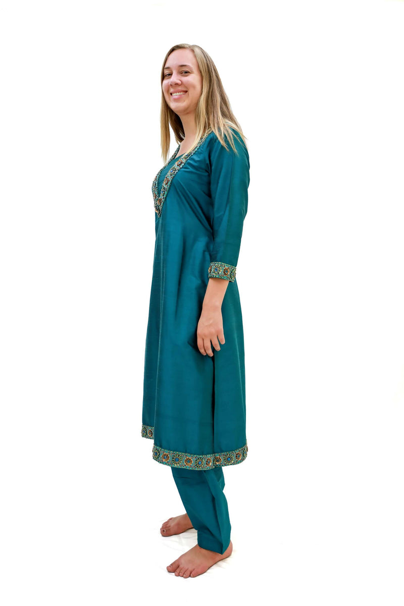 Teal Silk Salwar Kameez-Suit - Women's South Asian Fashion