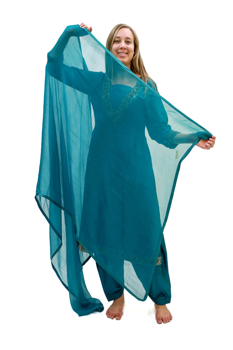 Teal Silk Salwar Kameez-Suit - Women's South Asian Fashion