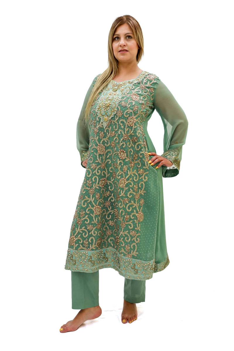 Green Chiffon Salwar Kameez - Suit - Two Piece - South Asian Fashion