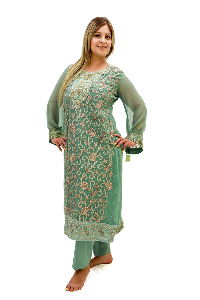 Green Chiffon Salwar Kameez - Suit - Two Piece - South Asian Fashion